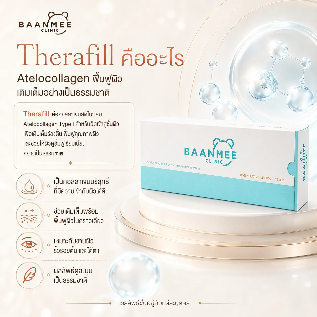 Therafill Program คืออะไร คอลลาเจนสด Atelocollagen Type I สำหรับฉีดเข้าชั้นผิว เติมเต็มร่องตื้น ฟื้นฟูคุณภาพผิว บ้านหมีคลินิก